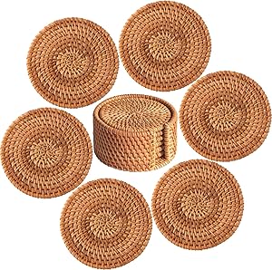 Equeen Handicraft Rattan Coasters with Holder, 100% Natural Rattan Coasters for Drinks Absorbent with Holder, Cup Coasters for Table, Wood Coasters, Handmade Wood Drink Coasters with Holder | 7 Pcs