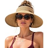 FURTALK Womens Sun Hat with Ponytail Hole Wide Brim Beach Straw Visor | Foldable &amp; Packable for Beach Vacations, Adjustable Fit for Messy Buns, Detachable Windproof Strap, Sweat-Wicking Inner Band