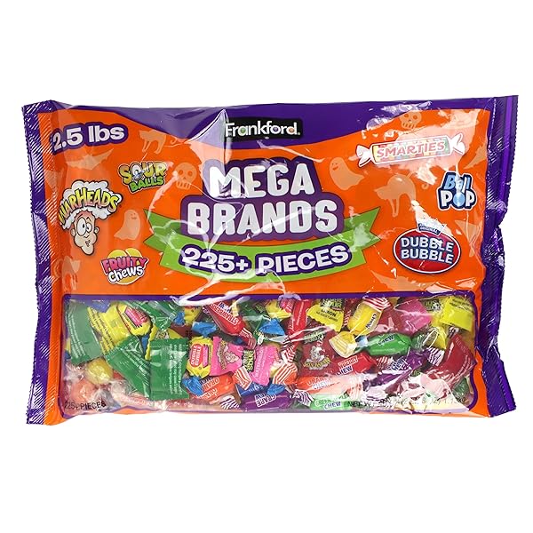 FRANKFORD MEGA VARIETY 2.5 POUND BULK CANDY BAG WITH WARHEADS, FRUITY CHEWS, SOUR BALLS, LOLLIPOPS, DOUBLE BUBBLE GUM, AND SMARTIES, OVER 225 PIECES