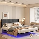 ARFARLY Floating Queen Bed Frame with LED Lights and Charging Station, Metal Platform Bed Frame Queen Size with Upholstered Headboard, No Box Spring Needed, Anti-Noise, Easy to Assemble