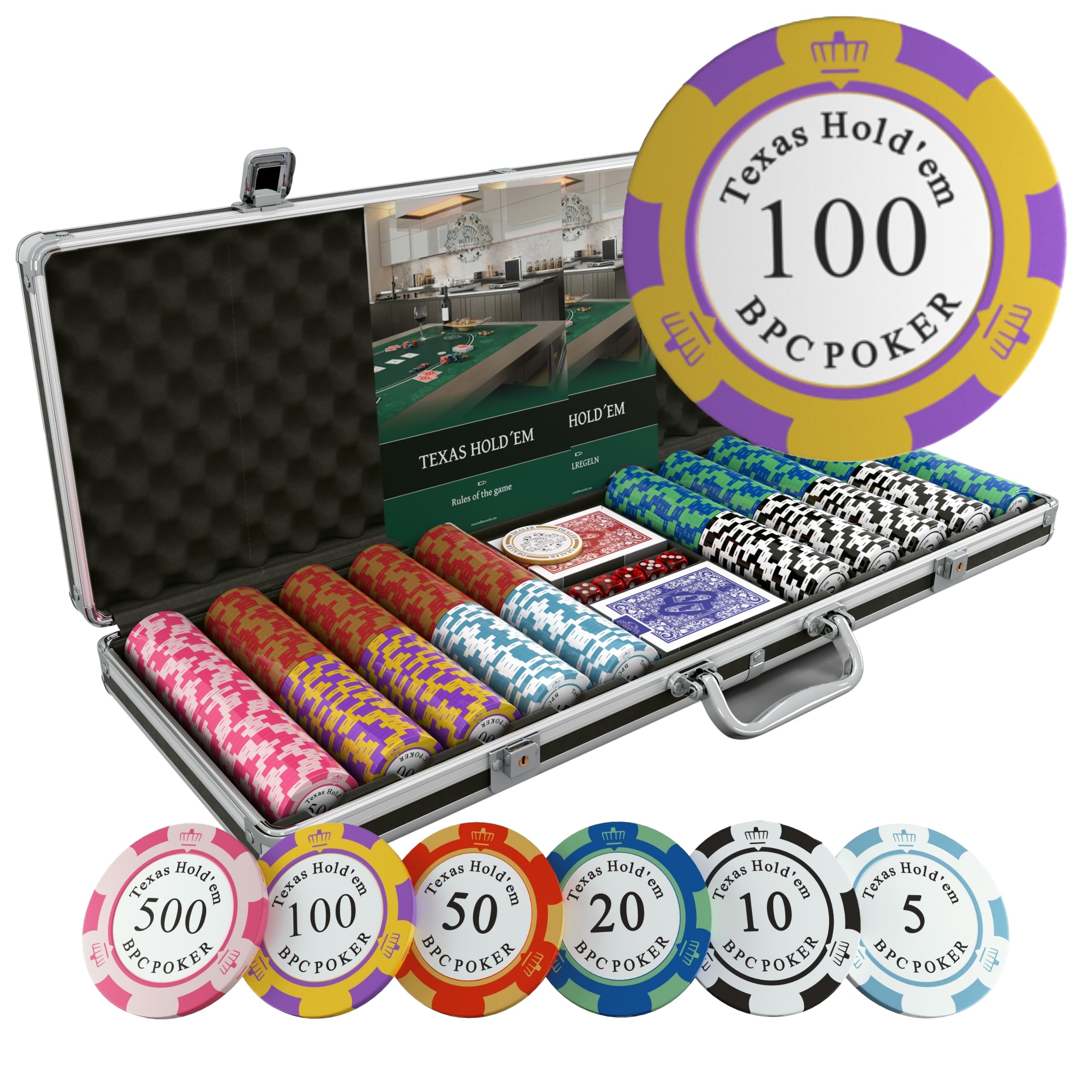 Bullets Playing Cards, 'Carmela' Poker Set with 500 Clay Poker Chips, including Ceramic Dealer Button, Double Pack of Bullets Poker Cards