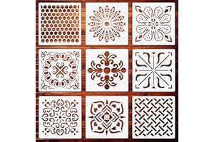 CODOHI Floor Tile Stencils Set, 8x8 inches Mandala Tile Honeycomb Stencils Reusable Painting Template for Furniture Fireplace Cabinet Wall Wood DIY Projects (9 Packs）