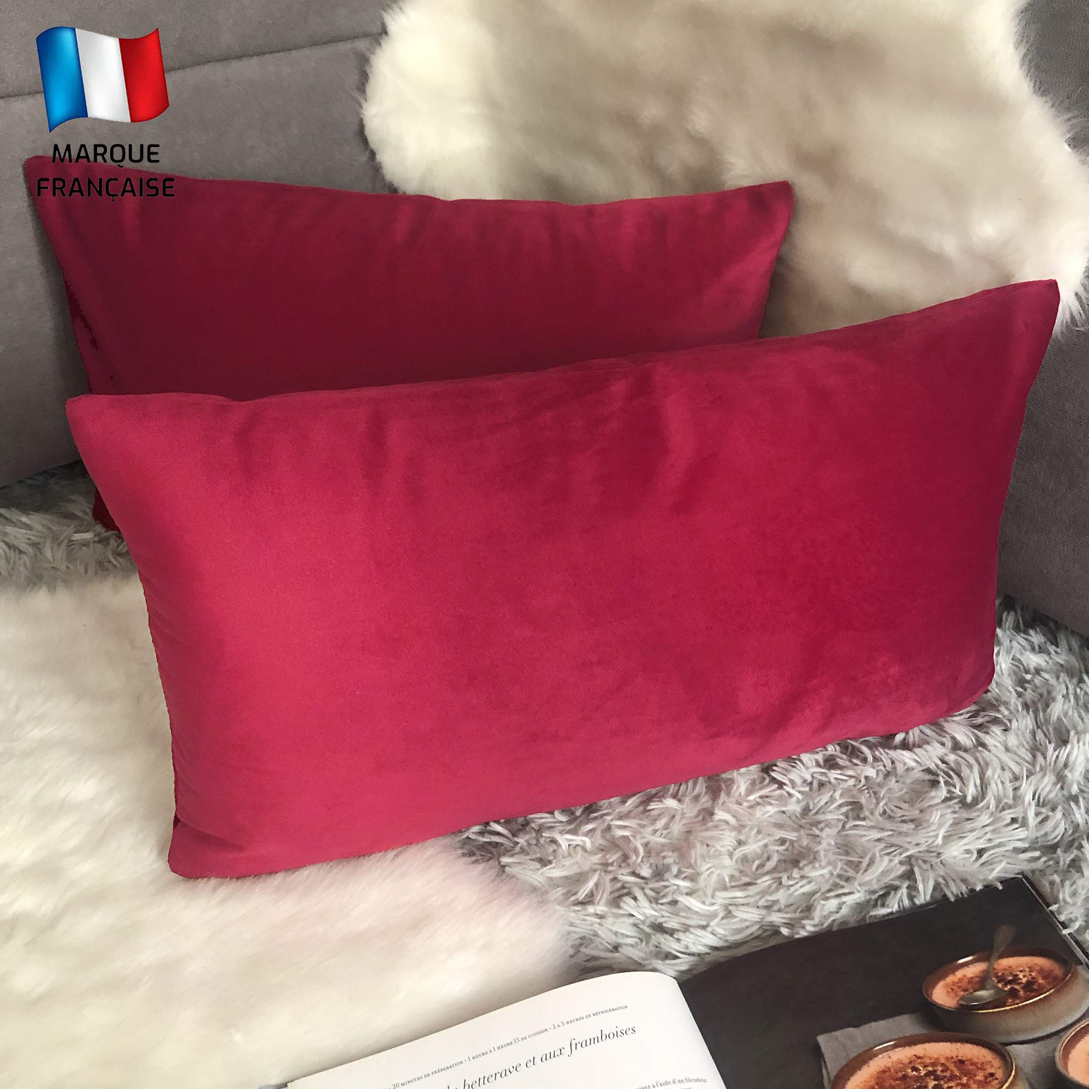Douceur De Plumes Set of 2 Cushion Cover Raspberry Red Velvet 12x20 Inch Plain, Soft and Design Rectangular Pillowcase, Scandinavian Living Room Decoration Sofa (2 Raspberry Red)