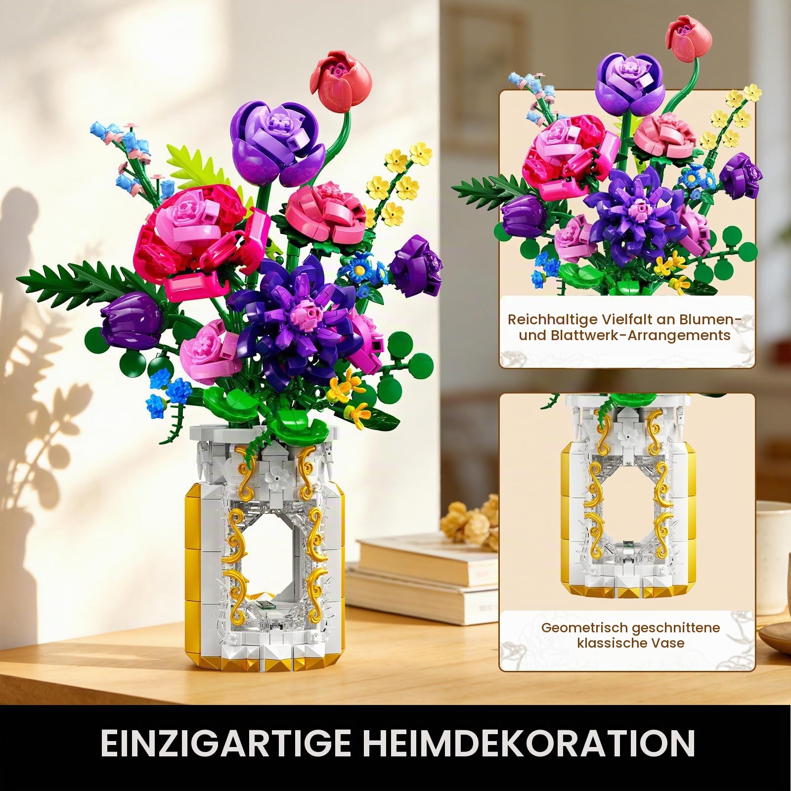 CUBIMANA Blumenstrauß-Bauset mit Vase & LED-Licht, 1093 Teile Botanische Sammlung Klemmbausteine, kreatives Geschenk für Frauen und Männer, künstliche Blumendekoration für Home und Zimmer 5