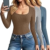 Velvelhall 3 Pack Women's Long Sleeve Tops, Scoop Neck Ribbed Knit Shirt Slim Fit Pullover Sweater Casual Basic Thermal Shirt