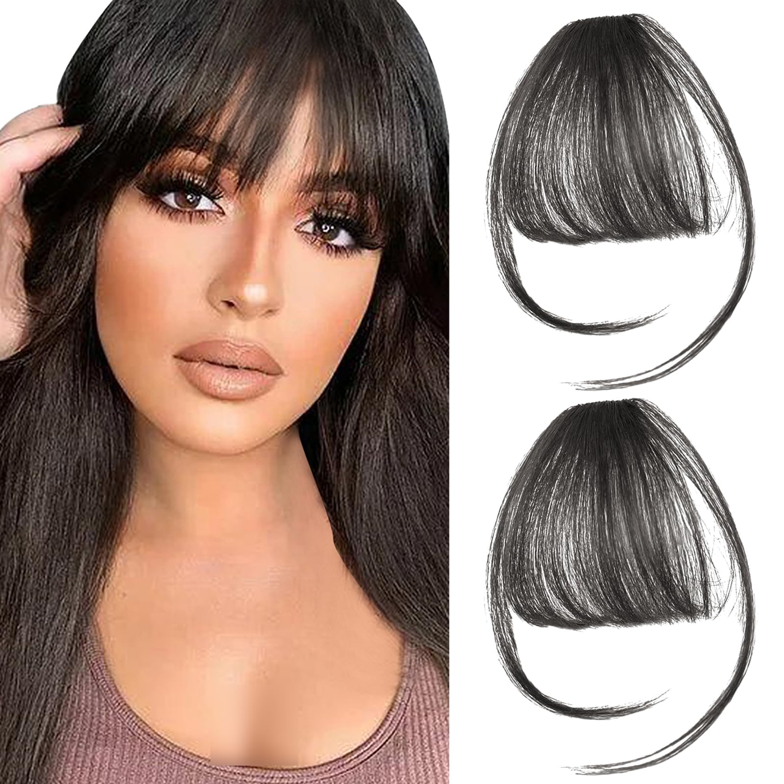 Photo 1 of 2PCS Clip in Bangs Real Human Hair,Fake Bangs Hair Clip on Bangs for Women,Curved Wispy Bangs with Temples Hairpieces,Bangs Clip in Hair Extensions Air Fringe for Girls Daily Wear - Natural Black