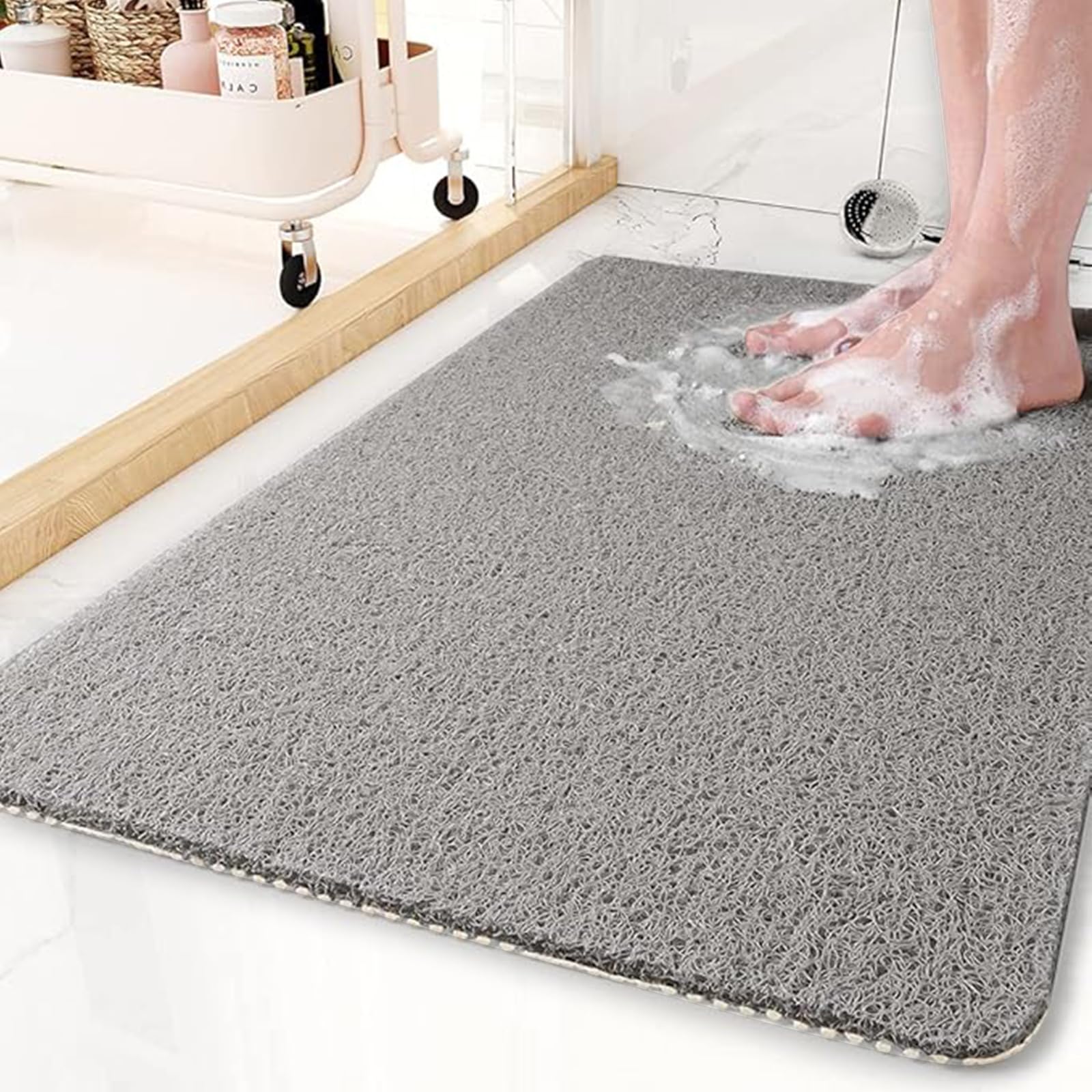 Shower Mat Non Slip Anti Mould: Bath Mats for Inside Bath- 60 x 40 cm Anti Slip Shower Mats for Inside Shower- Loofah Shower Mat Grey Long Washable Shower Matt for Elderly Wet Room Quick Dry
