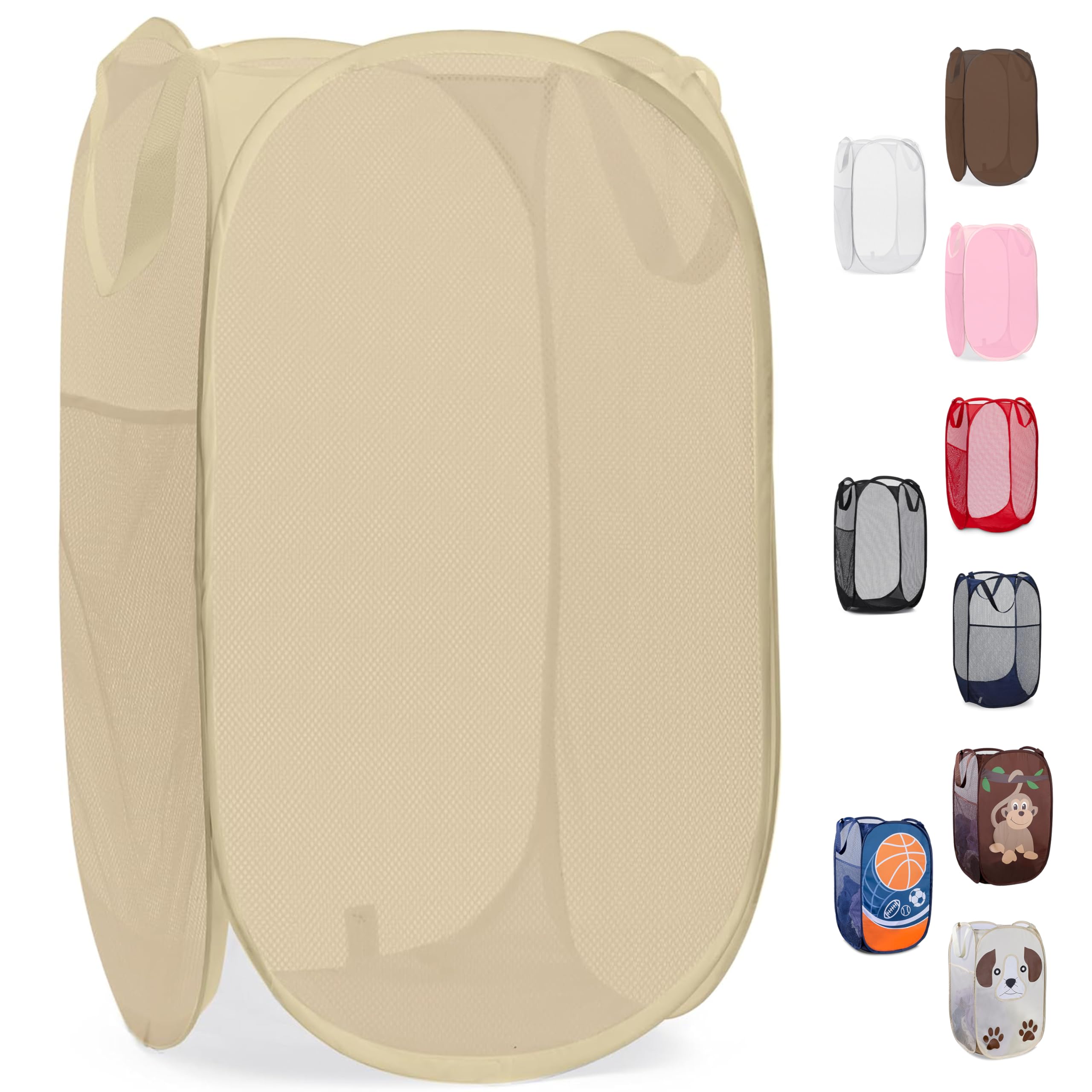 Handy Laundry Collapsible Mesh Pop Up Laundry Hamper with Side Pocket, Breathable & Space-Saving Foldable Basket for Clothes, Toys, Travel, Storage, 14 x 13 x 24 in, Beige