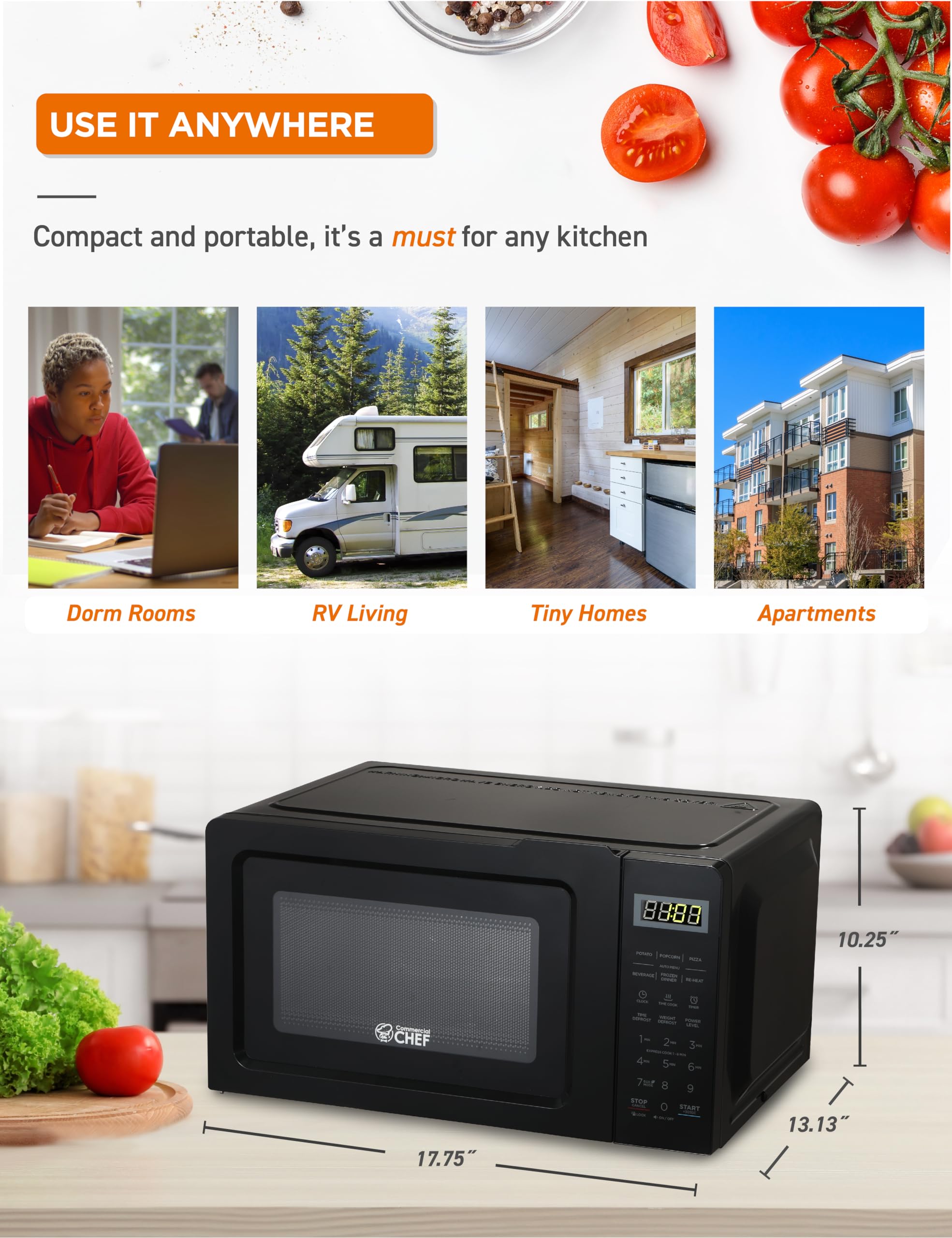 COMMERCIAL CHEF 0.7 Cubic Foot Microwave with 10 Power Levels, Small