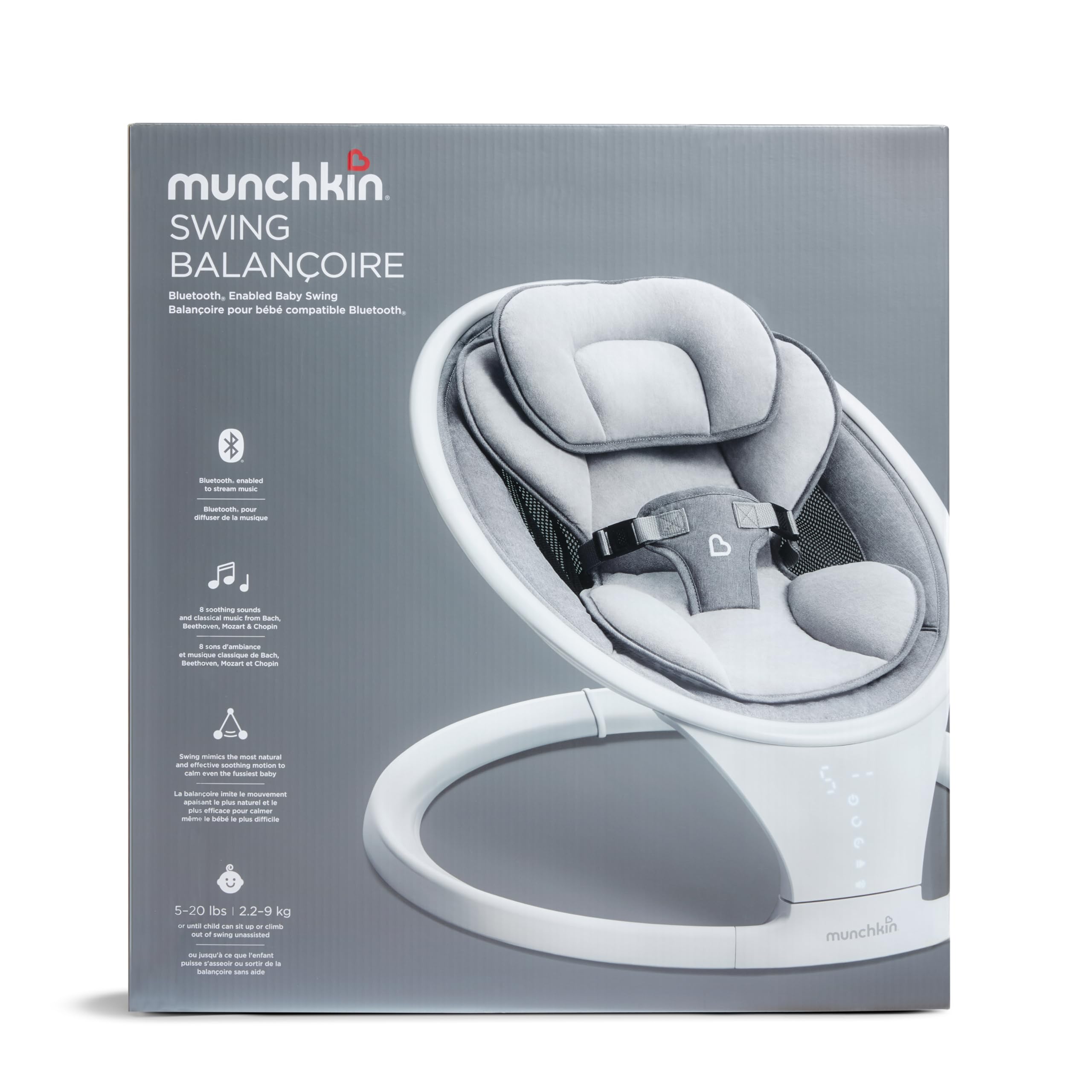 Munchkin Baby Swing, Portable and Lightweight, Bluetooth Enabled Electric Infant Rocker with Natural Sway in 5 Ranges of Motion, Newborn Nursery Essentials, White/Grey
