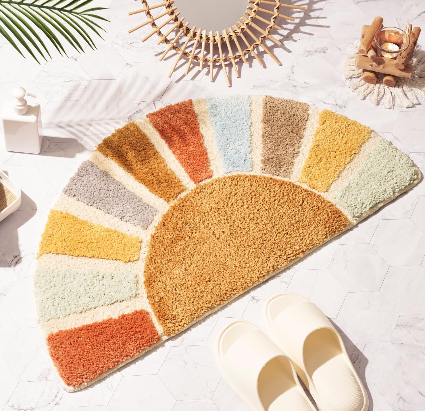 Photo 1 of DyeFury Sunrise Boho Bathroom Rugs,Half Circle Bath Mat Cute,Sun Bath Mats,Retro Bohemian Home Bathroom Decor,Small Colorful Fun Semi Round Shower Rug Non-Slip,Funny Washable Rug Bedroom 31"x16"