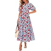 BTFBM Summer Dresses for Women 2026 Boho Short Sleeve V Neck Button Belt Flowy Spring Clothes Beach Vacation Maxi Dress