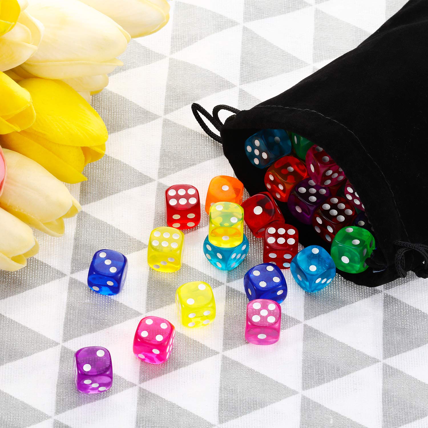 Blulu 100 PCS 6 Sided Games Dice Set, Colored Dice with Black Velvet Pouches for Playing Games, Like Board Games, Dice Games, Math Games, Party Favors and More(Rainbow Color, 14 mm)