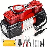 Tire Inflator Portable Air Compressor 12V DC Dual Cylinder Analog Gauge | Dual Cylinder 12V tire inflator with analog gauge, LED light and air compressor for cars, SUVs, trucks and emergencies