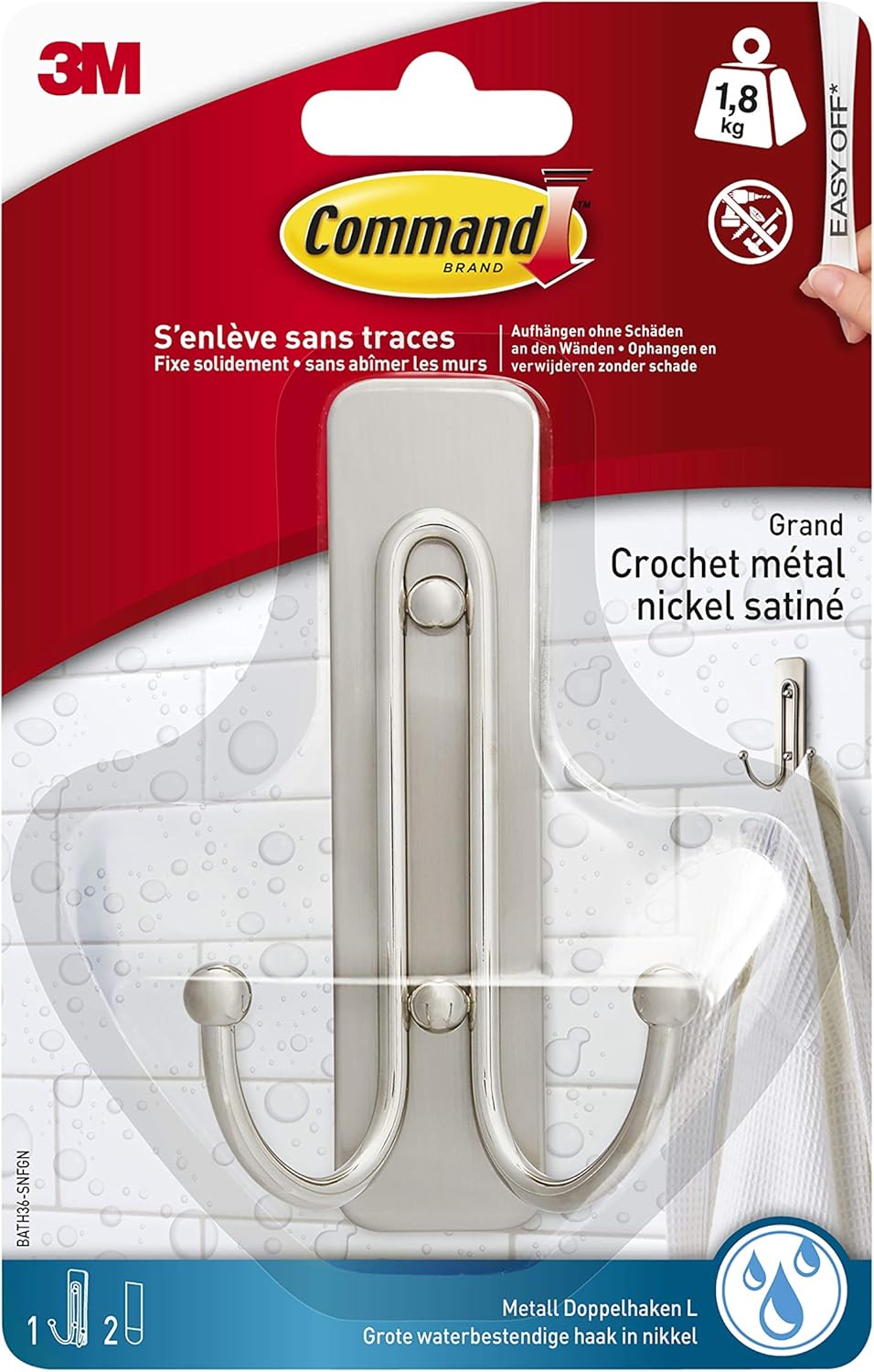 Command Large Double Bath Hook, Satin Nickel, 1Hook, 1Large Water
