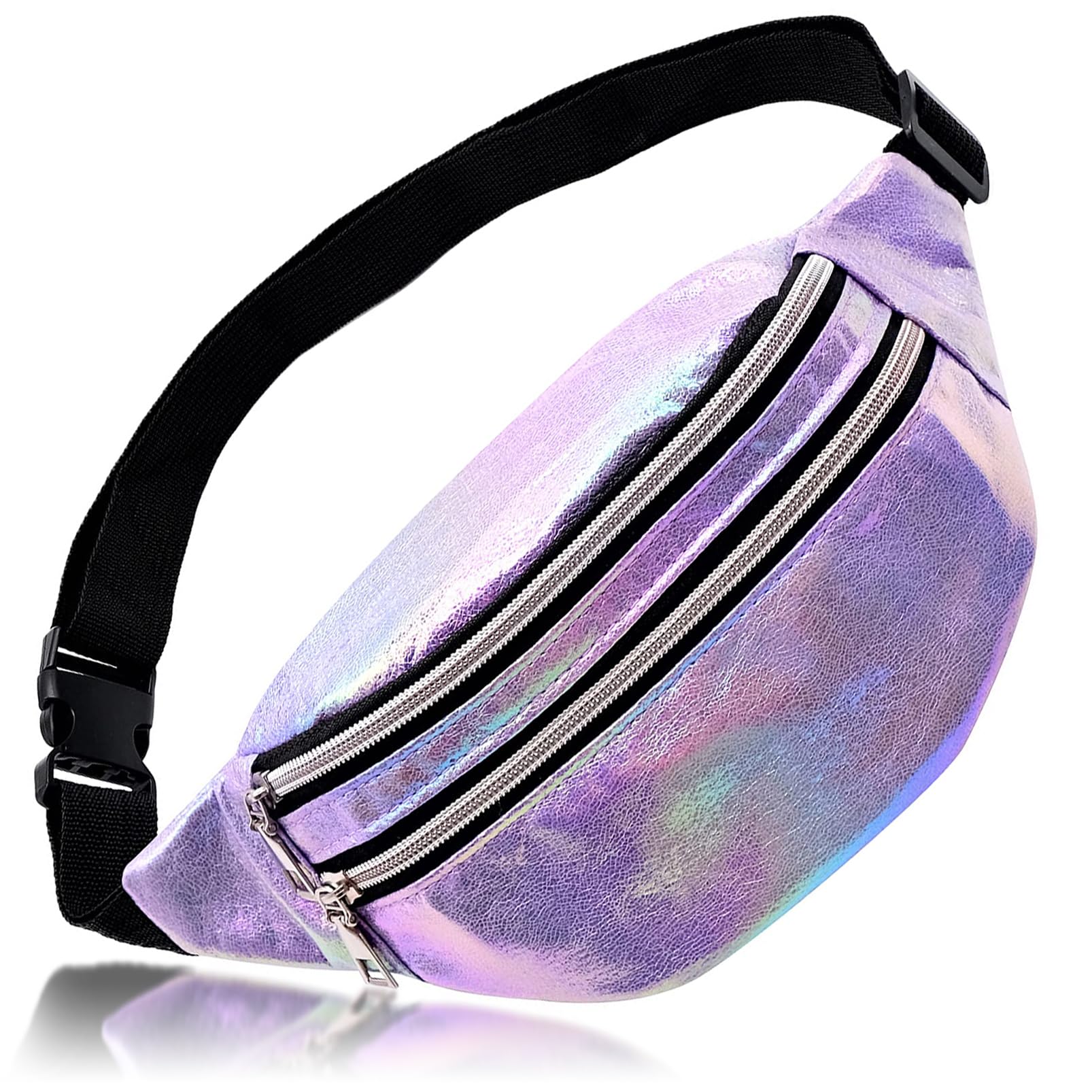 Waist Fanny Pack for Women Waterproof PU Bumbags for Ladies Fashion Shiny Bum Bag with Adjustable Belt for Dog Walking Hiking Travel Cycling (Purple)
