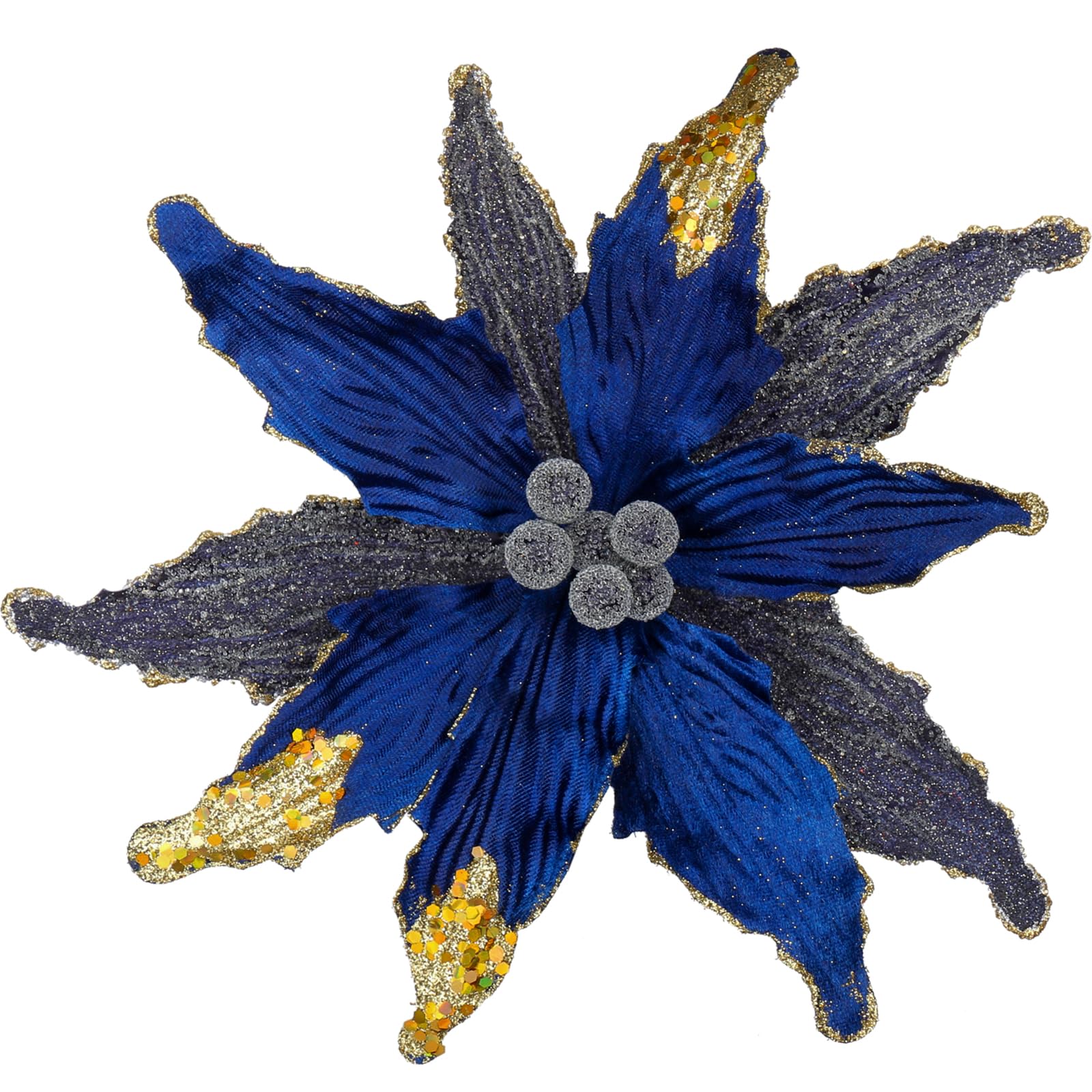 Briful 4 PCS 12" Glitter Poinsettia Blue Artificial Flowers Stem for Christmas Tree Decorations Fake Poinsettia Flowers Large Artificial Christmas Flowers Arrangements for Xmas Decorations
