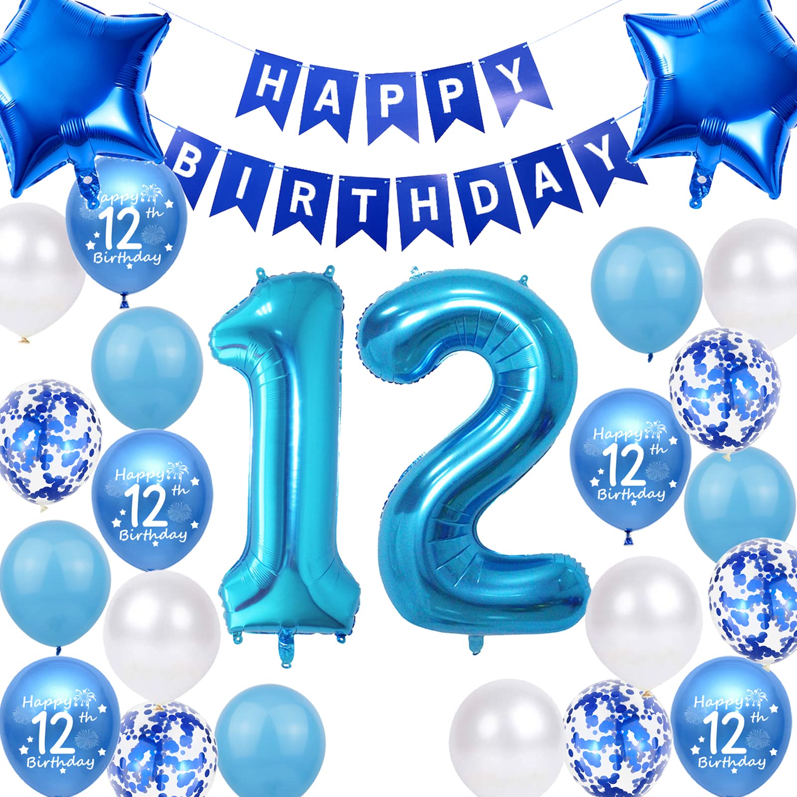 12th Birthday Party Decorations Blue for Girls, 12th Birthday Banner Blue Number 12 Birthday Foil Balloons Confetti Balloons for Boys Him Son 12 Year Old Birthday Supplies