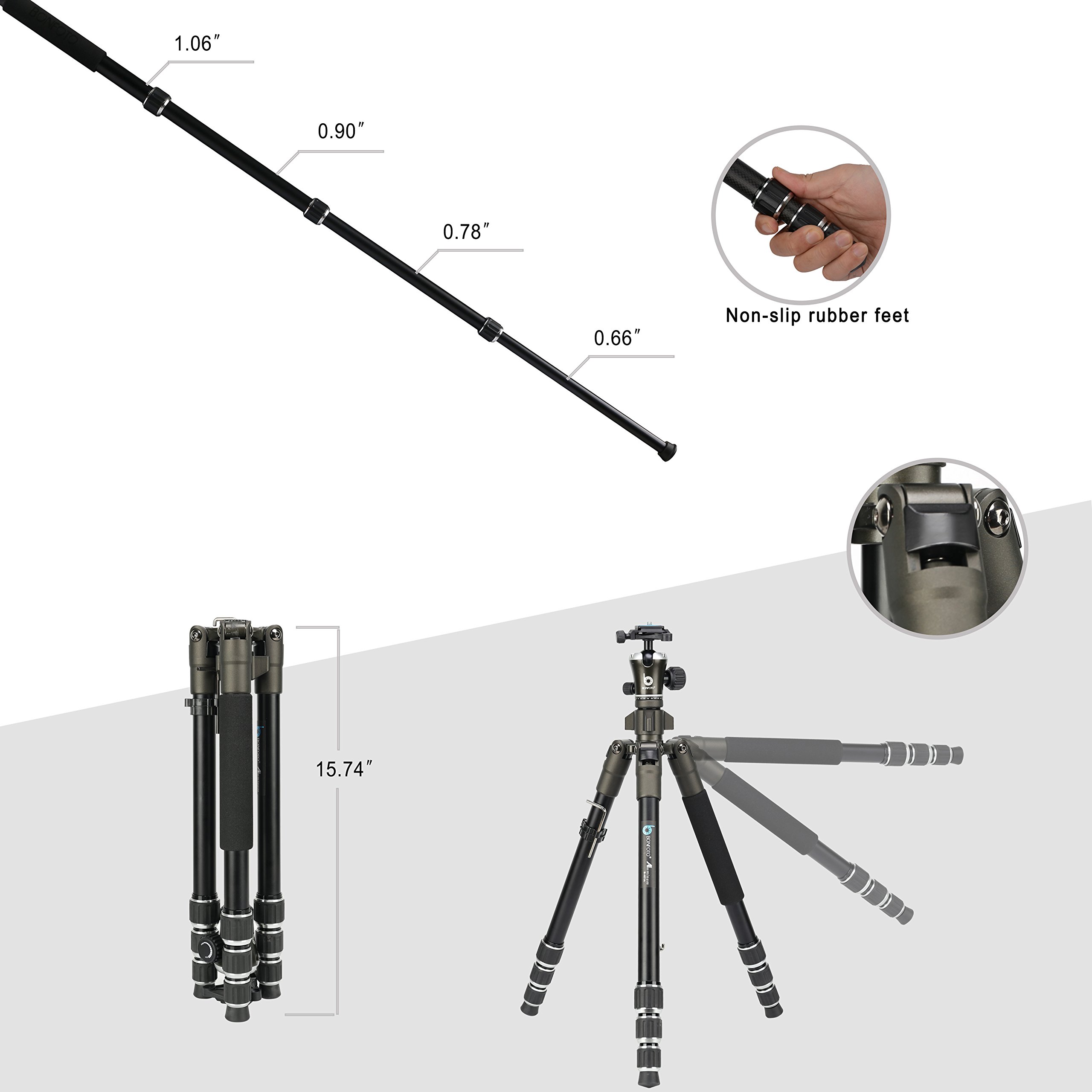 Travel tripod, BONFOTO Aluminum Camera B671A Tripod 55 inch Lightweight Travel with Two 1/4\
