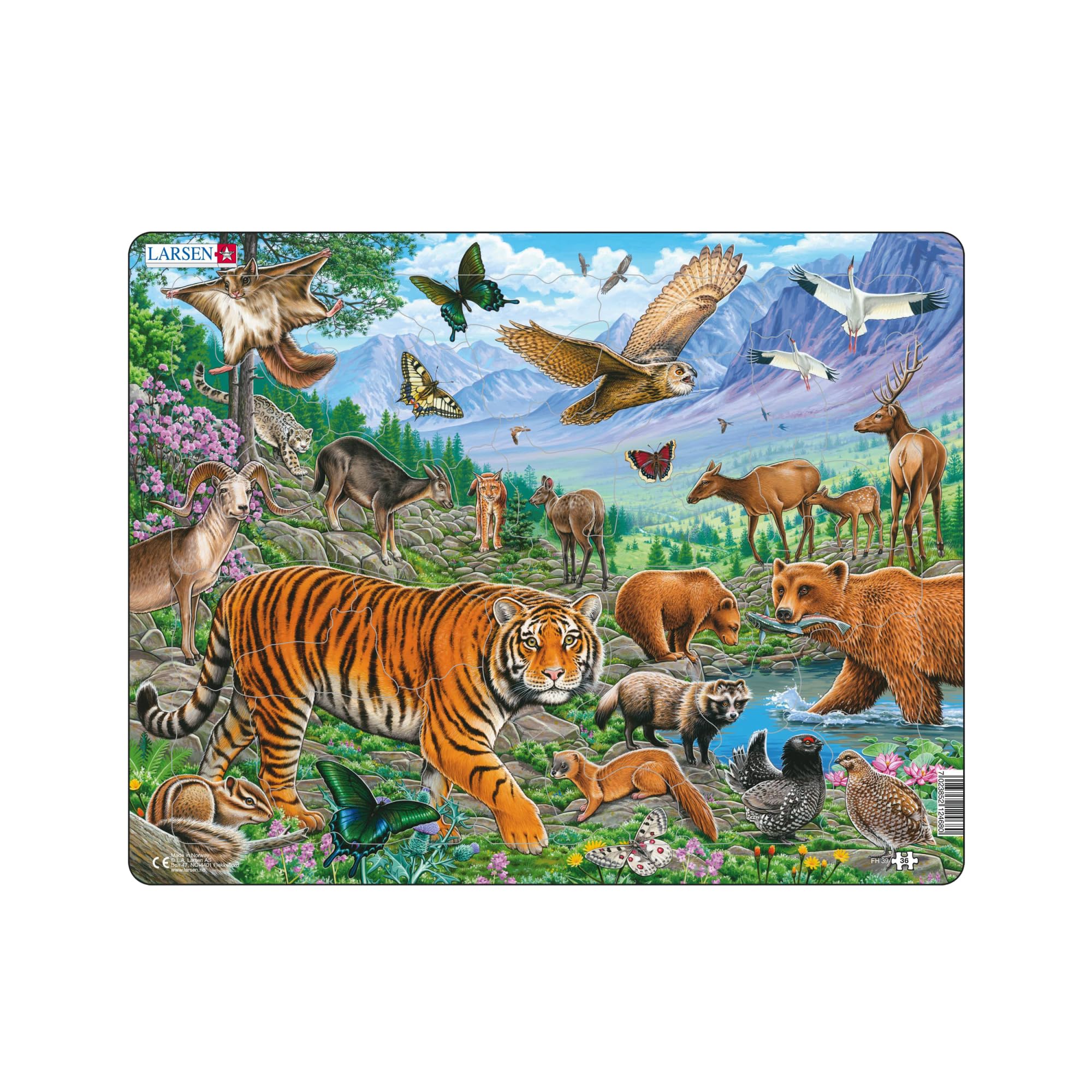 Larsen FH39 Amur Tiger in Siberian Summer Puzzle – 36-Piece Tray & Frame Jigsaw, Educational Wildlife Puzzle for Kids 3–8 with Snow Leopard, Lynx & Forest Animals