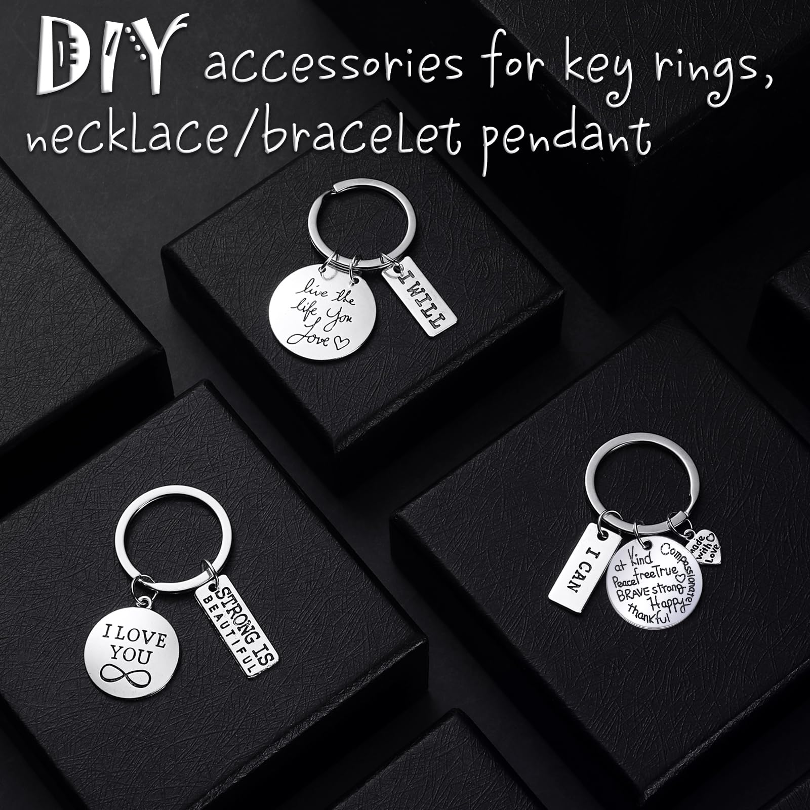 259 Pieces Inspirational Motivational Keychains Charms Pendant Bulk Keychains Inspirational Words Charms with Open Jump Rings Key Rings for Various DIY Necklaces Bracelets Jewelry Making Accessory
