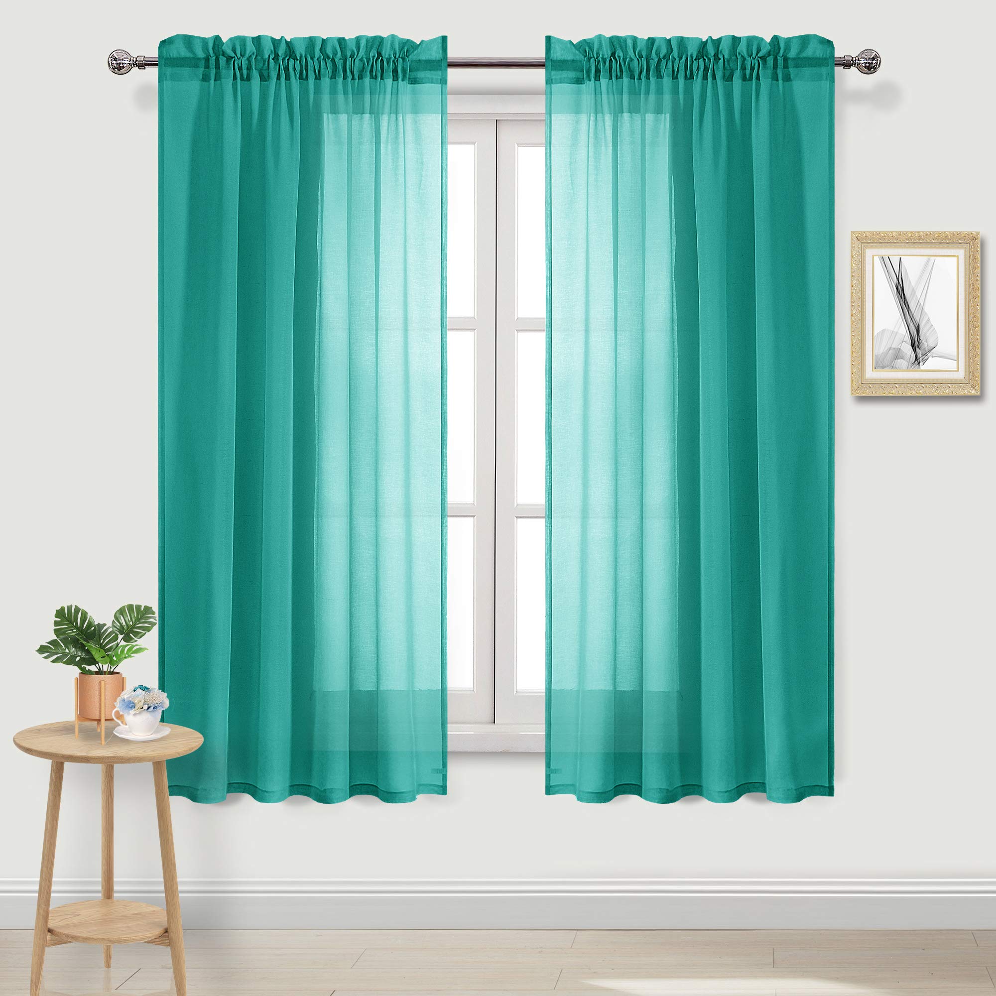 DWCN Sheer Curtains Linen Effect Rod Pocket for Living Room 52x63 inch Teal 2 Panels