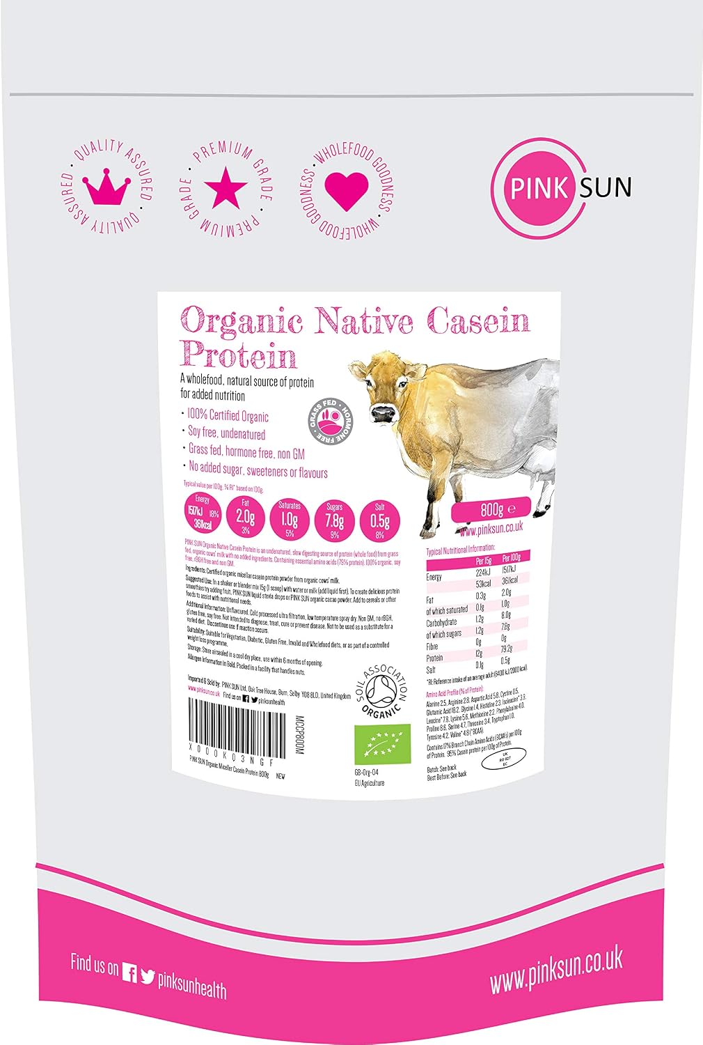 PINK SUN Organic Casein Protein Powder 800g Pure Native Micellar Grass Fed Soy Free Gluten Free Unflavoured Vegetarian No Added Sugar Unsweetened Undenatured