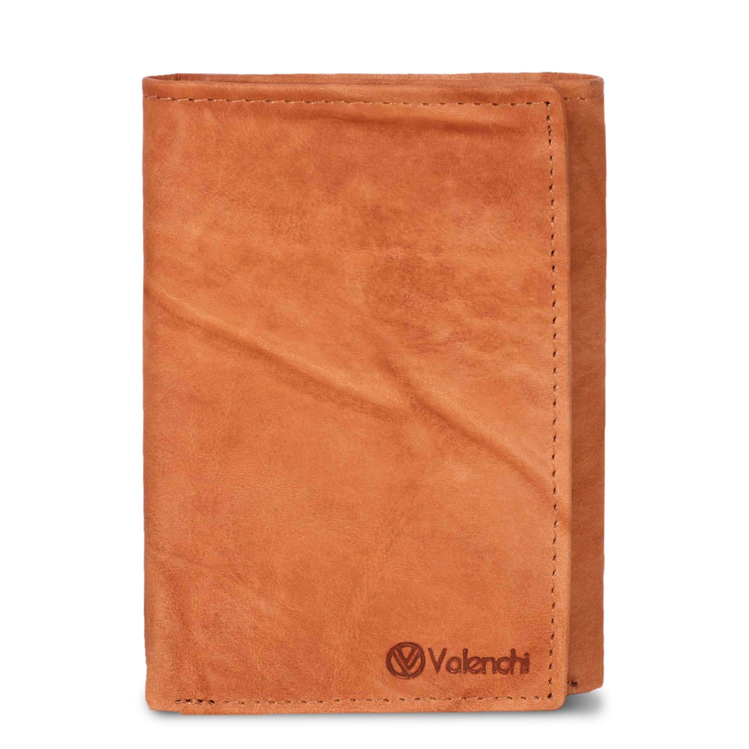 VALENCHI Genuine Real Leather Trifold Men's Wallet - With Card Holder Slots, ID Window and Currency Compartment, Tan Wash TF01, 4.35" x 3.5", Real Leather Trifold Wallet