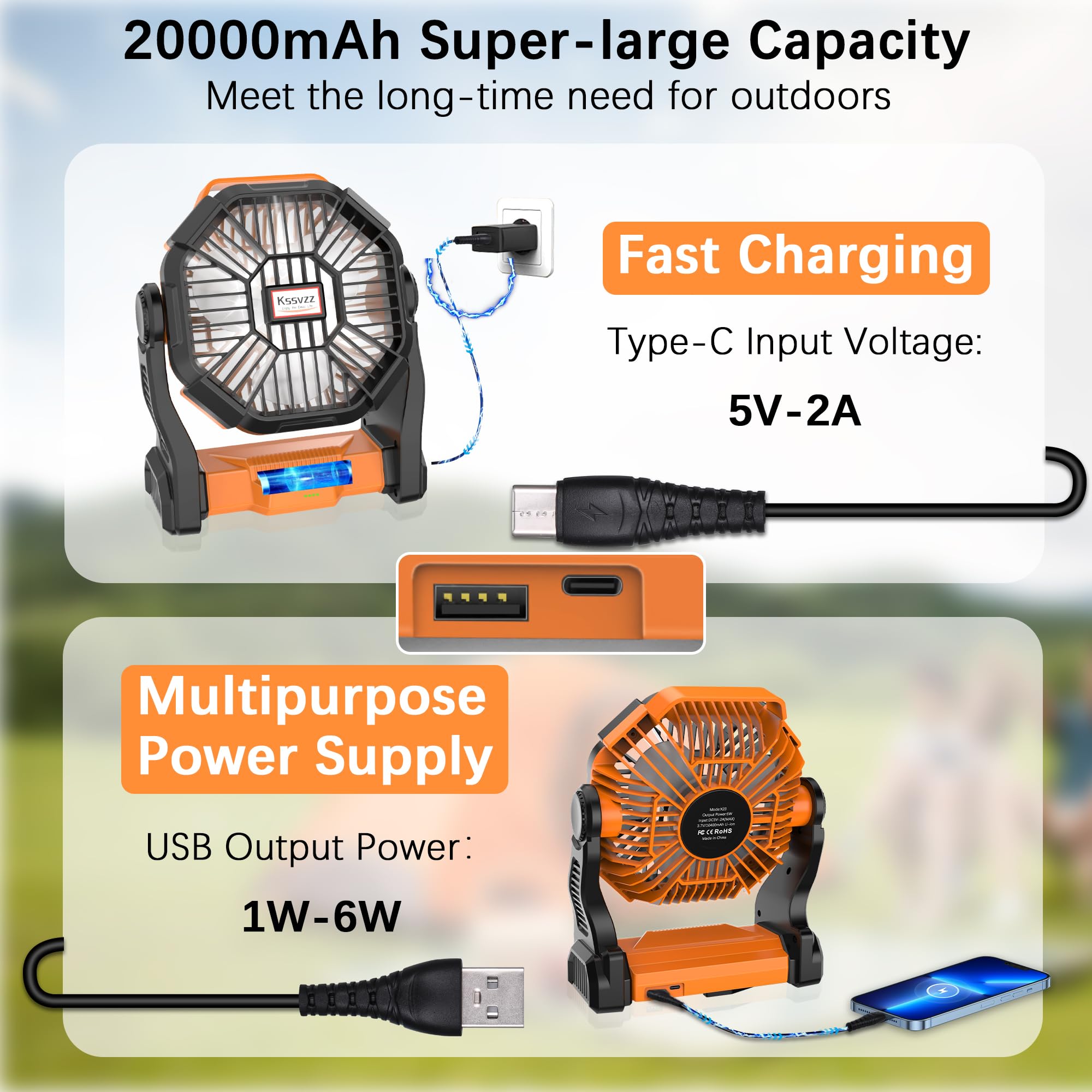Portable Camping Fan Rechargeable with LED Lantern - 20000mAh Cordless Battery Powered Fan, 4 Speed Quiet USB Table Desk Fan, Battery Operated Tent Fan for Travel, Beach, Fishing, Home&Office (Orange)
