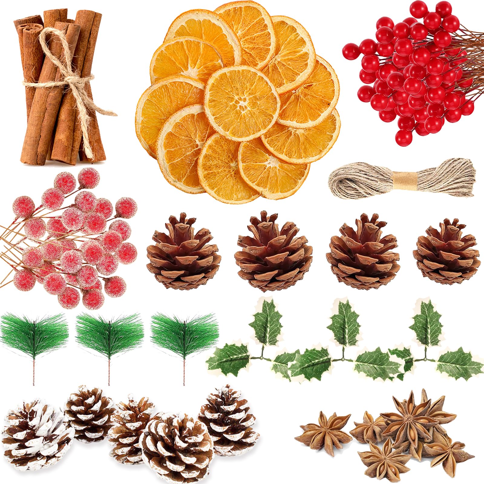 Christmas Wreath Making Supplies, 205 Holly Leaves and Berries for Craft, Dried Orange Slices and Cinnamon Sticks, Star Anise, Pinecone Berries Garland Making kit for Xmas Decor Fall Winter Crafts