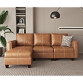 SITJOY 91" Faux Leather Modular Sectional Sofa with Storage, Mid Century Modern Sectional Couches for Living Room, Soft Padded Armrests, 3 Seater L-Shaped Couch with Ottoman, Brown
