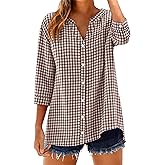 LOMON Cotton 3/4 Sleeve Button Down Shirts for Women Gingham Plaid Striped Tops V Neck Casual Loose Blouse