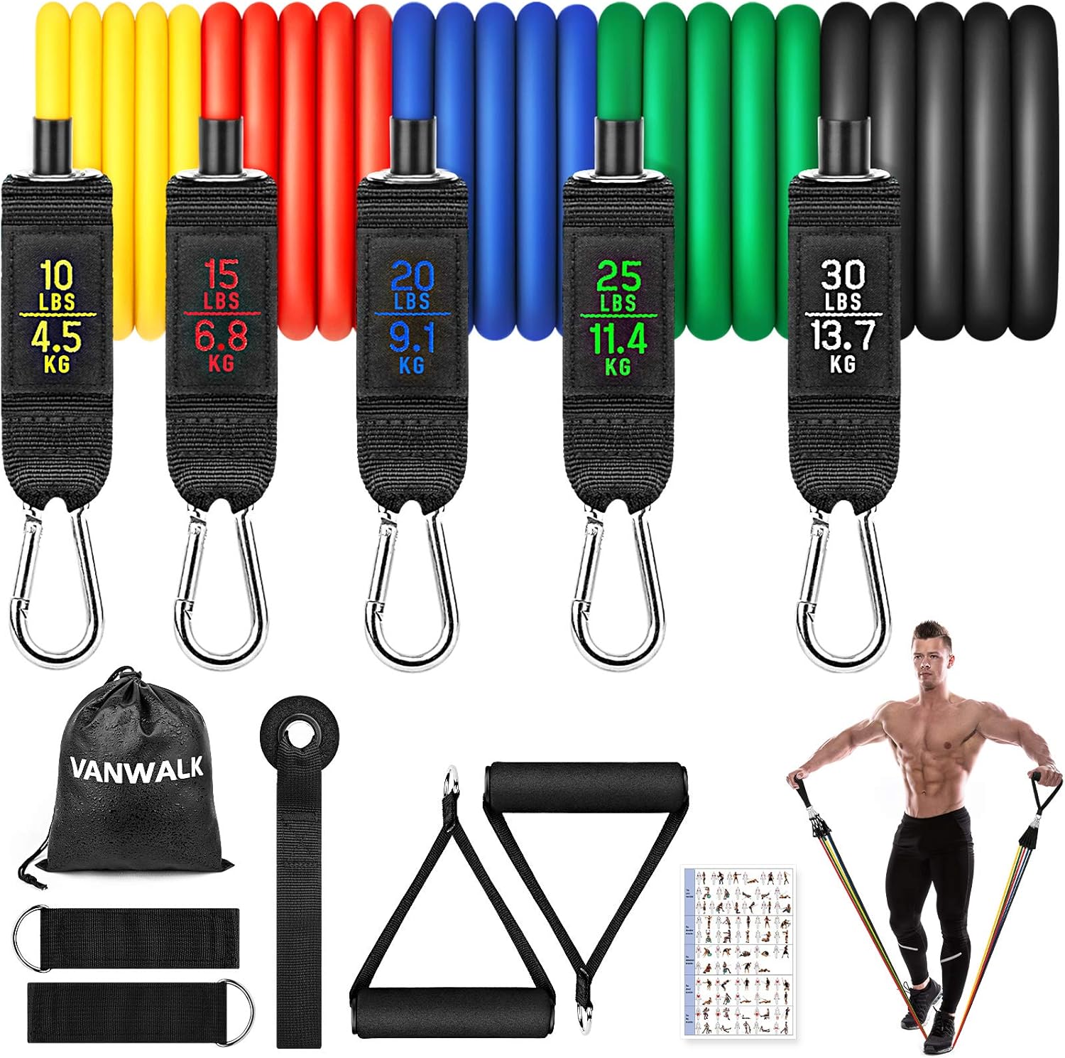 VANWALK Resistance Bands Set 11 PCS Exercise Workout Bands with Door Anchor Handles Ankle Straps Carry Bag Stackable Exercise Bands for Resistance Training, Physical Therapy, Home Workouts