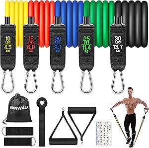 VANWALK Resistance Bands Set 11 PCS Exercise Workout Bands with Door Anchor Handles Ankle Straps Carry Bag Stackable Exercise Bands for Resistance Training, Physical Therapy, Home Workouts