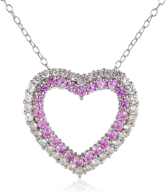Sterling Silver Created Pink Sapphire and Diamond Heart