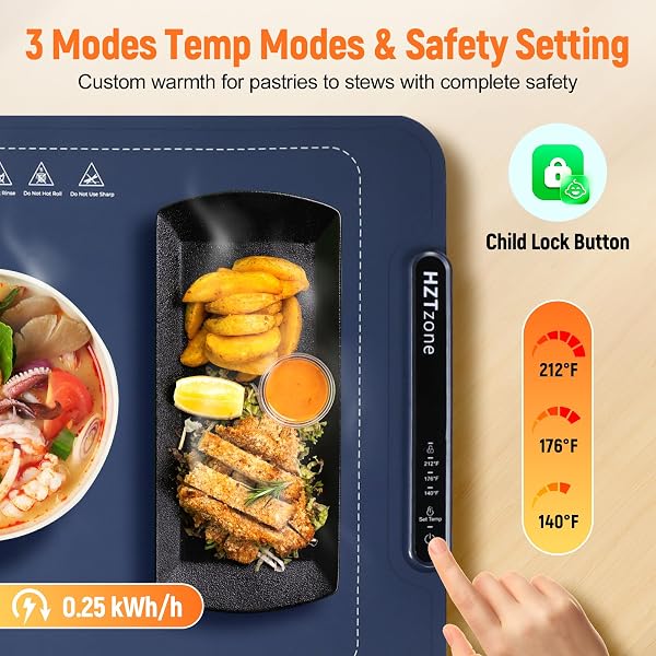 ELECTRIC WARMING TRAY FOR FOOD, 24″ X 16″ LARGE ROLLABLE SILICONE FOOD WARMER MAT WITH 3 ADJUSTABLE TEMPERATURE & CHILD LOCK, FAST 10S HEATING, PORTABLE HEAT PLATE FOR PARTY, BUFFET, SHABBAT, PIZZA