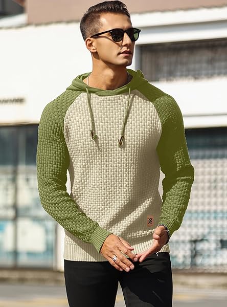 ZAITUN MENS HOODED SWEATSHIRT LONG SLEEVE SOLID KNITTED HOODIE PULLOVER SWEATER GREEN KHAKI