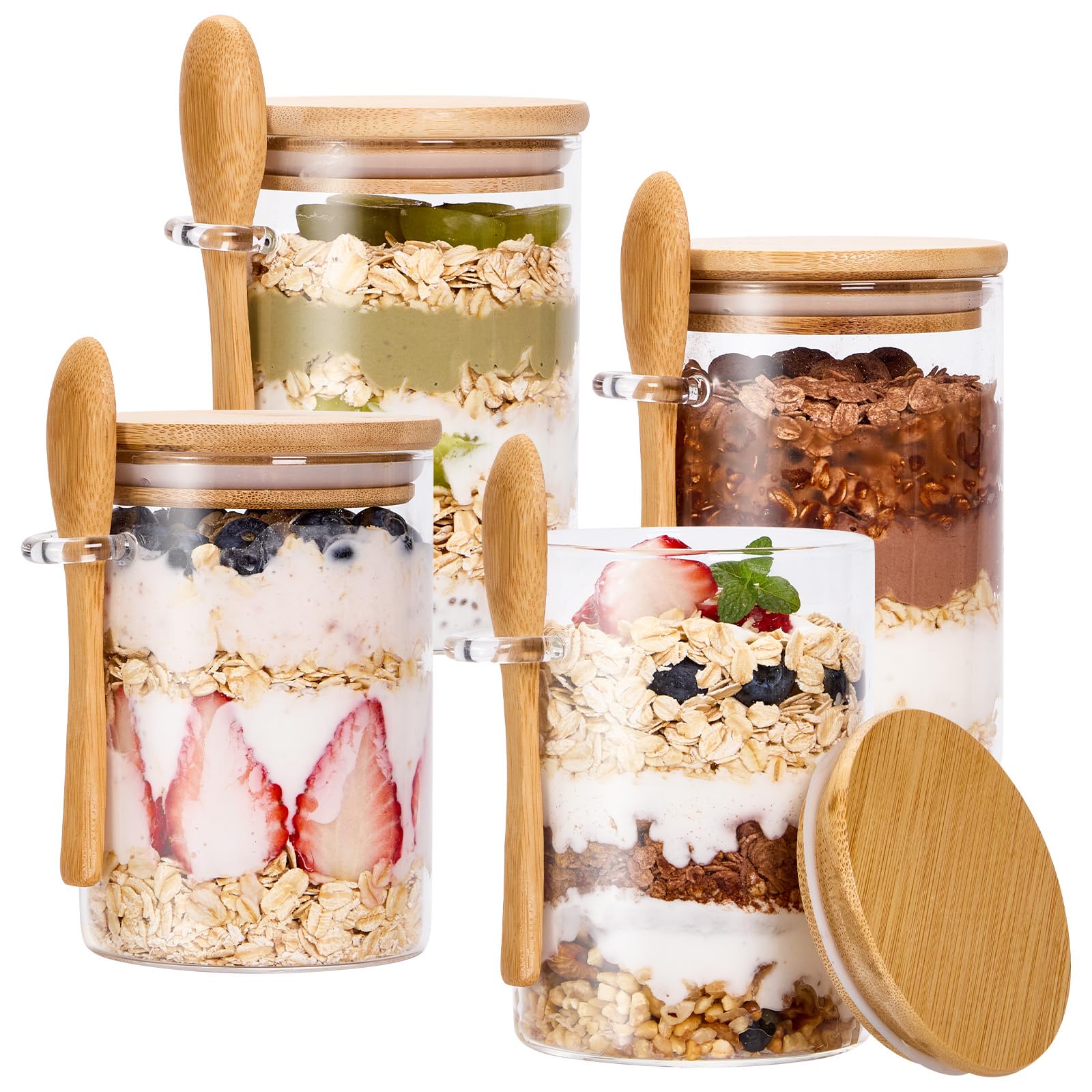 Photo 1 of * 1 of the jars handle is broken off* Spreccio Set of 4 Airtight Glass Jars with Bamboo Lids and Spoons, 22 OZ Overnight Oats Containers with Lids,Glass Food Storage Jars Perfect for Coffee, Tea, Sugar, Spices, Beans, and More