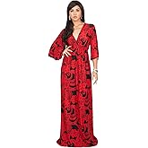 KOH KOH Womens Long Kimono Sleeves V-Neck Floral Print Flowy Summer Maxi Dress