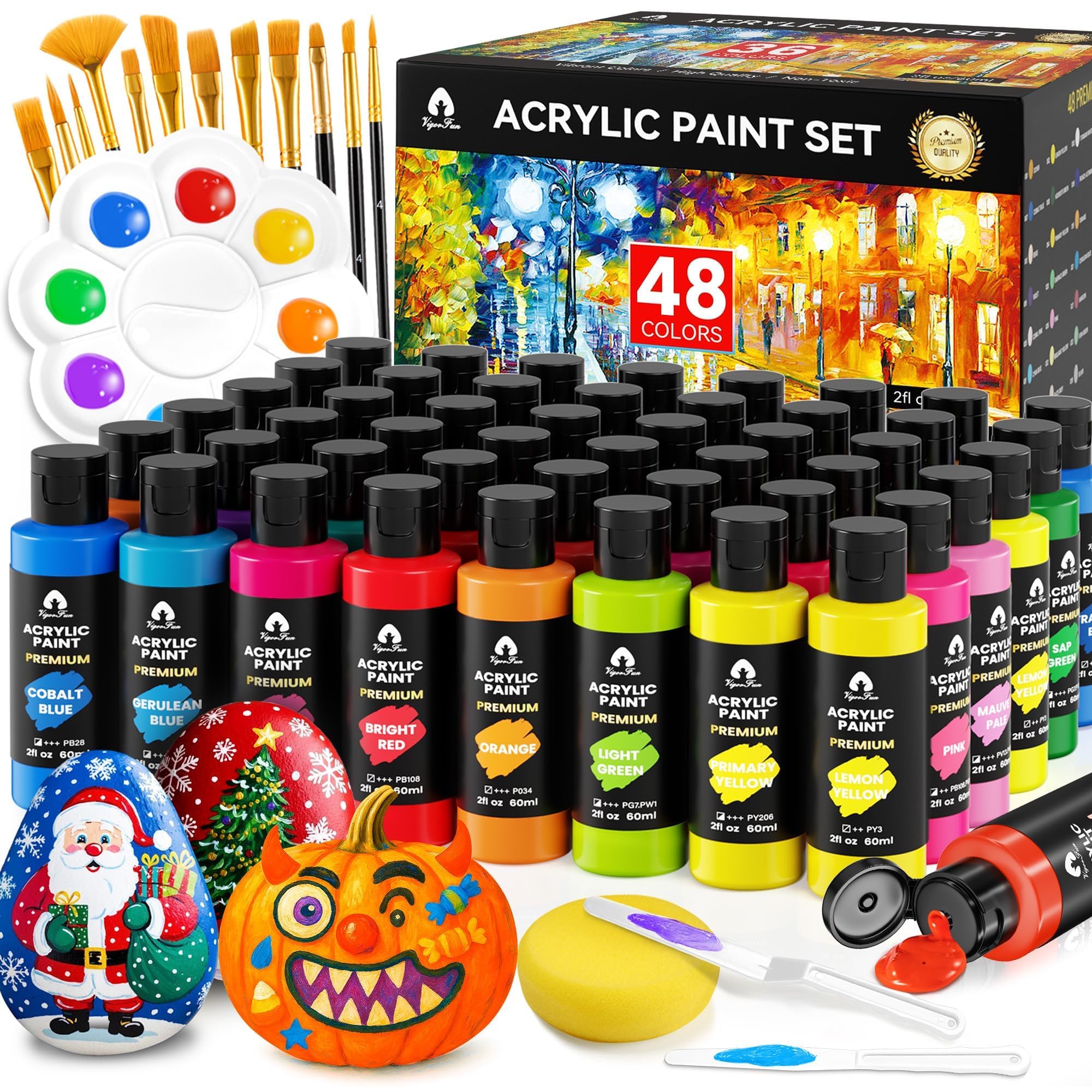 Photo 1 of 64 Pcs Acrylic Paint Set - 48 Colors (2oz/60ml) with 12 Brushes, 2 Knives & Palette - Rich Pigments for Adults, Kids, Artists & Beginners - Painting on Halloween Pumpkin Canvas Ceramic Rock Wood