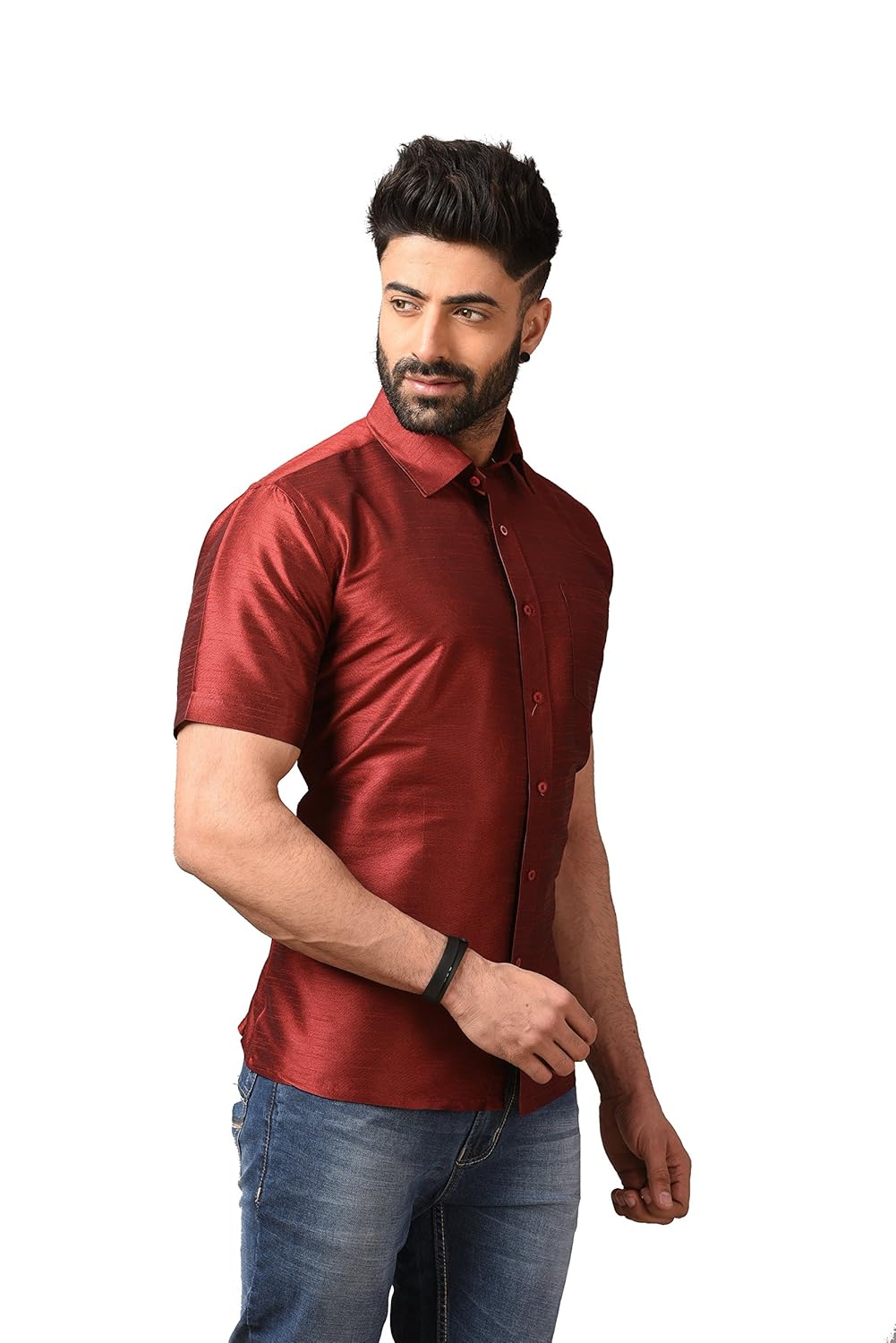 studio shringaar poly raw silk maroon mens short sleeve party shirt