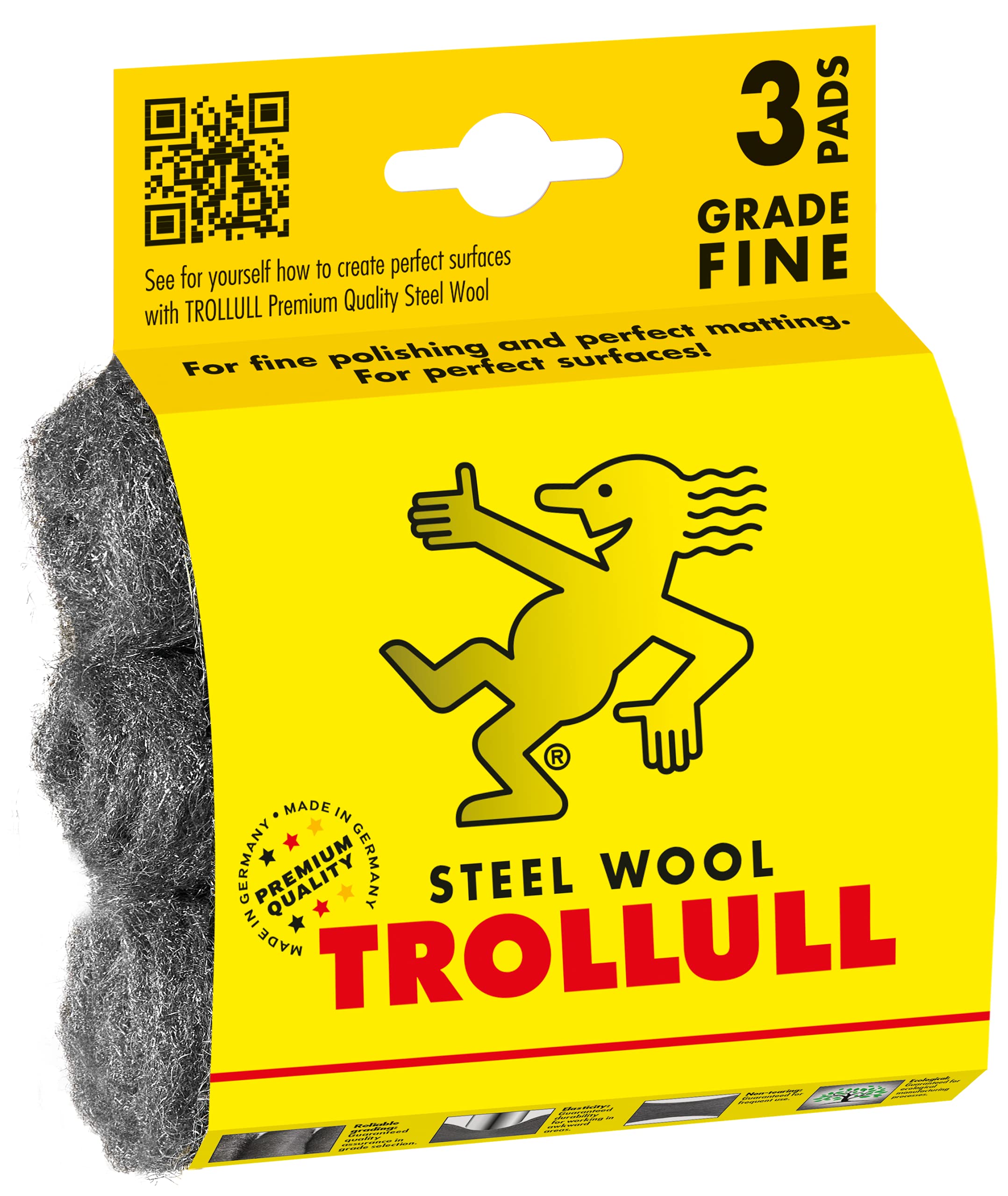 TROLLULL Steel Wool | Wire Wool Pads, 3 DIY Pads fine 00, gentle cleaning, standard and fine polishing of wax and wood, shining of copper, brass and stainless steel