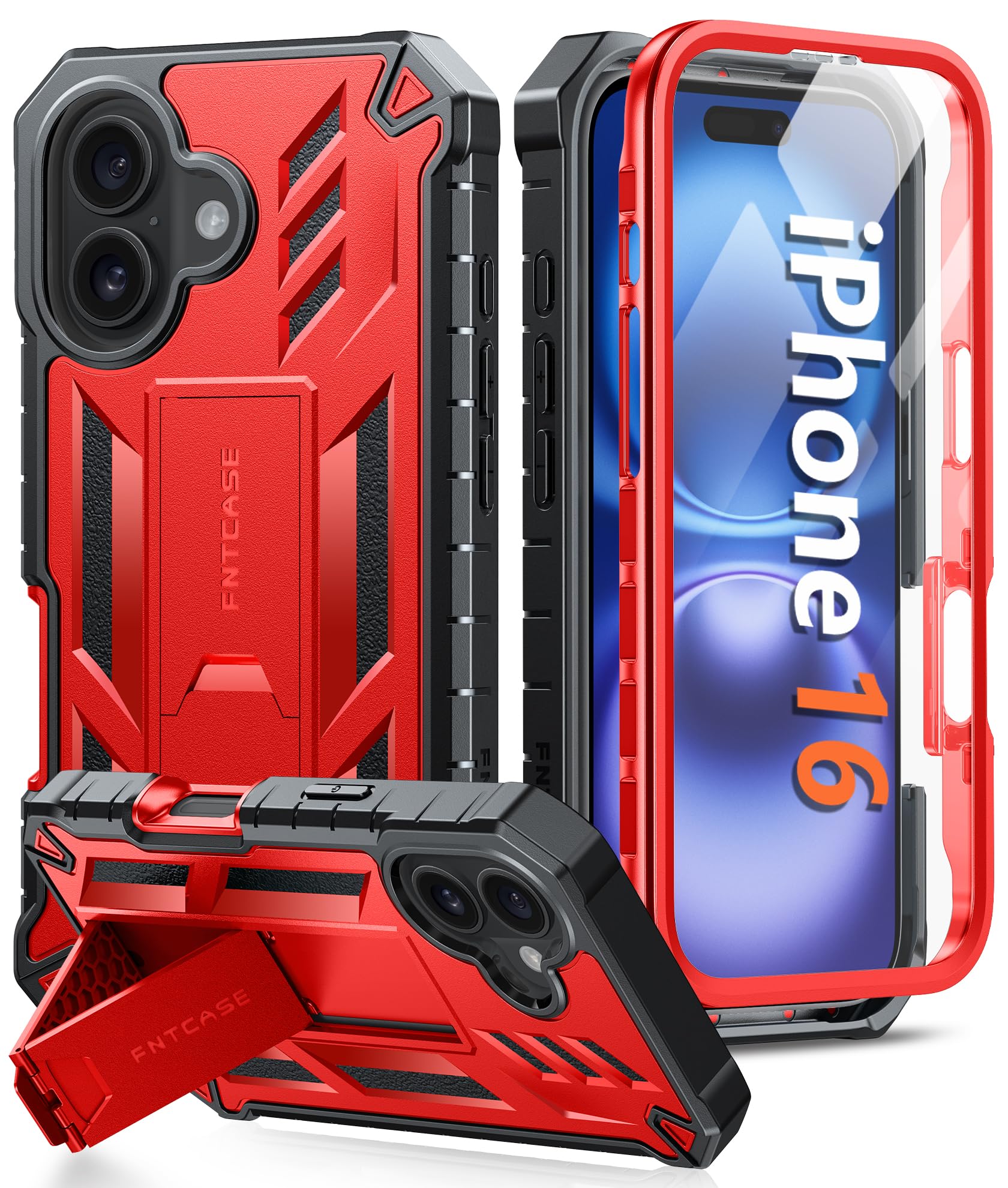 Photo 1 of FNTCASE for iPhone 16 Phone Case: for iPhone 16 case with Kickstand Shockproof Military Grade Protective Cover - Dual Layer Full Protection Sturdy Matte Textured Drop Proof - 6.1 Inch Red