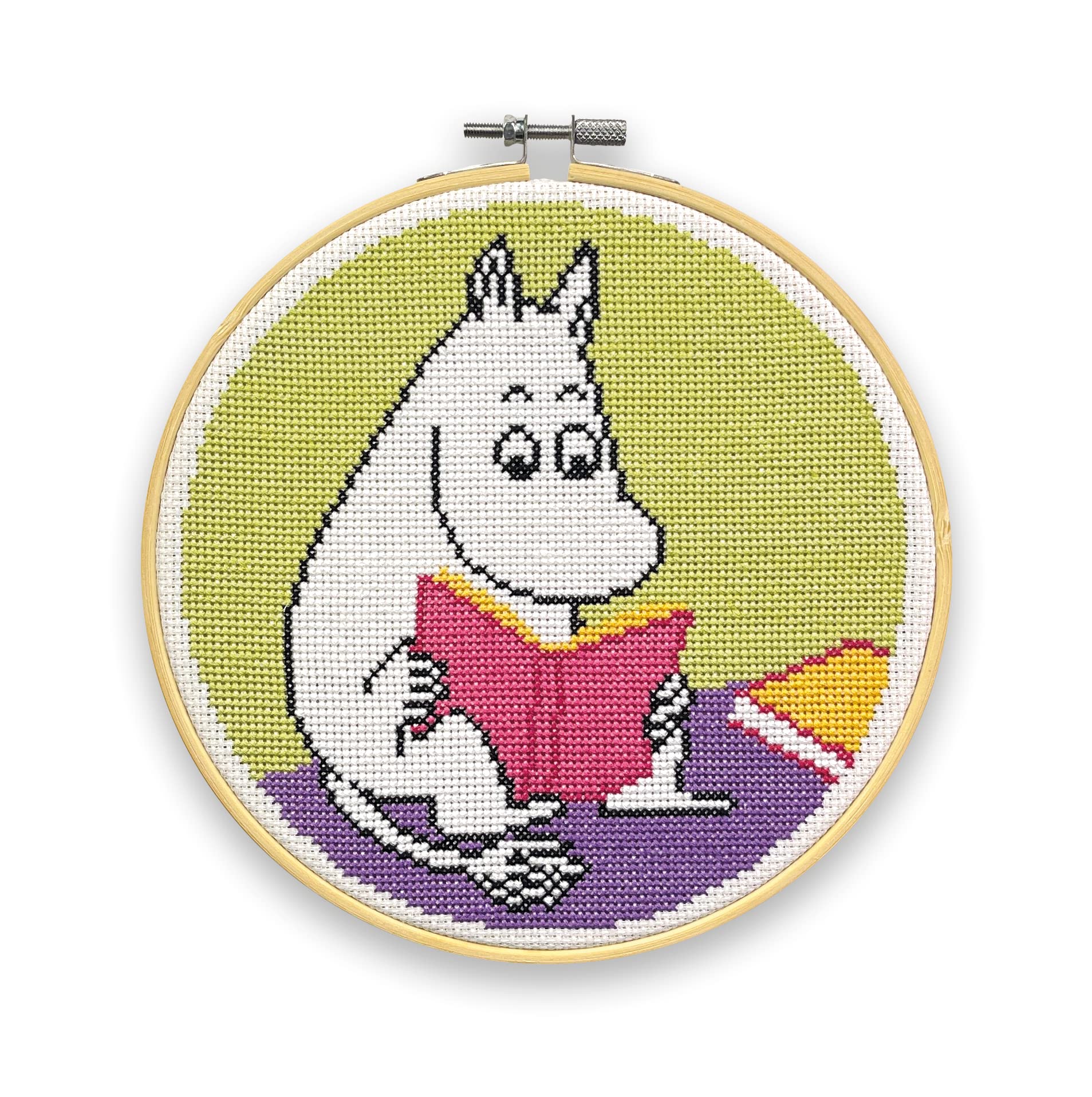 The Crafty Kit Company Moomin Cross Stitch Craft Kit - Moomintroll Reading Craft Kit for Beginners with Needles, Thread, Fabric and Beginner’s Guide