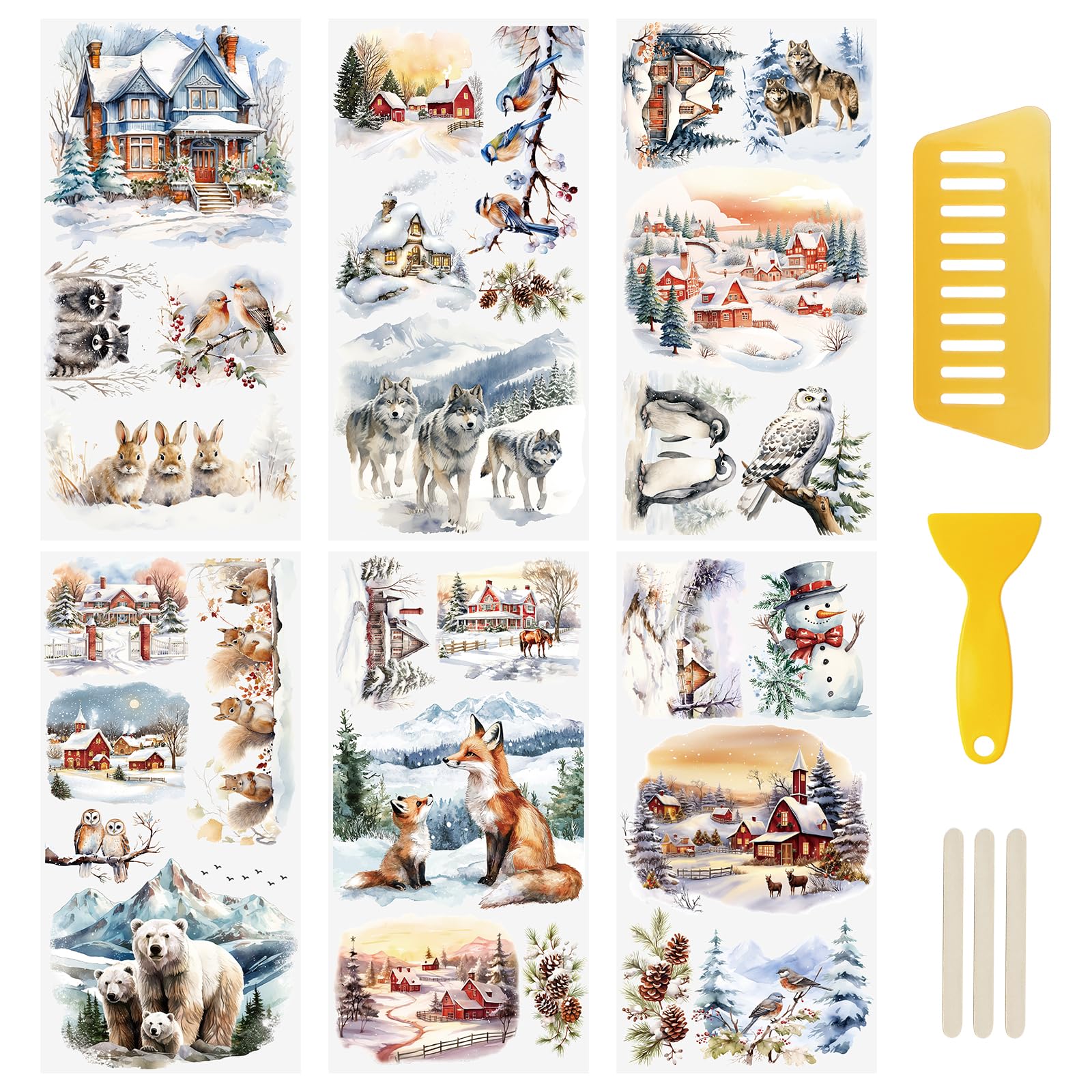 WANDIC 6PCS Winter Snow Scenery Rub On Transfer Stickers for DIY Scrapbooking Photo Furniture Windows
