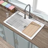HOMLYLINK 33" x 22" Drop In Fireclay Workstation Kitchen Sink White 1 Hole | Workstation for kitchen, Fireclay large single bowl, Topmount, Easy to clean, Resistant to stains,chipping,heat and scratch