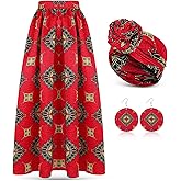3 Pcs Women African Skirt Printed Maxi Skirt Long Skirts with Pockets Boho Casual Dress Head Wrap Scarf Drop Dangle Earrings