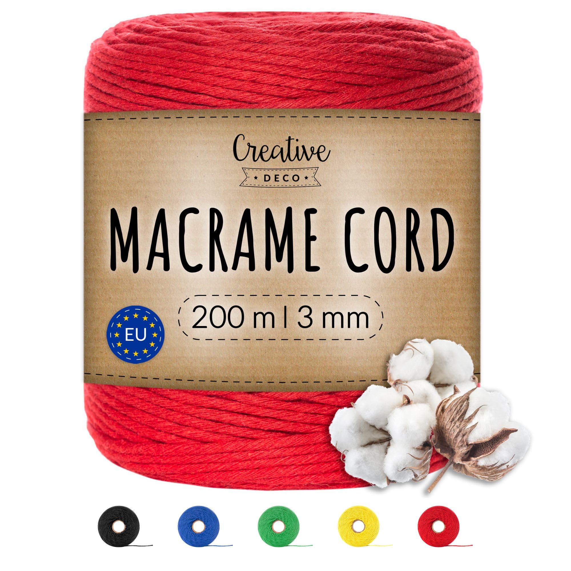 Creative Deco 656 Feet Red Macrame Cord | 200m | 3mm Thick | Cotton Rope 15 Ply String Yarn Twine Elastic Cord | for Easter, Art and Craft, DIY, Knitting, Gift Wrapping, Wall, Plant Hanger | Strong