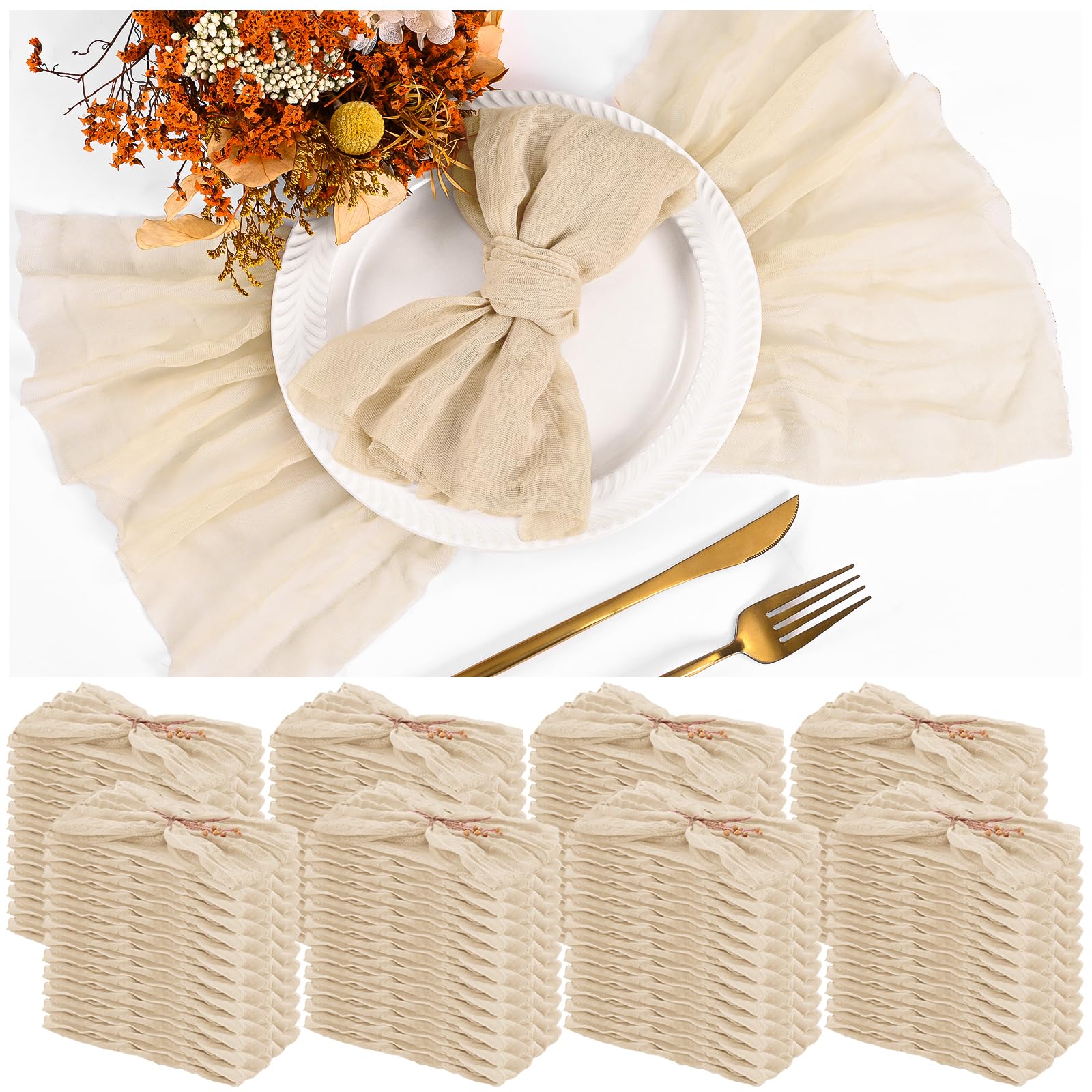 Photo 1 of 100 Pieces Cloth Napkins Beige Dinner Cheesecloth Napkins for Wedding,Wrinkled Cloth Napkins Bulk for Home Party Rustic Table Decoration, 17 x 17 Inch
