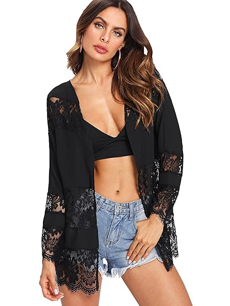 Sweatrocks Women Sexy Beach Cover Up Lace Chiffon Kimono Cardigan Blouse Tops